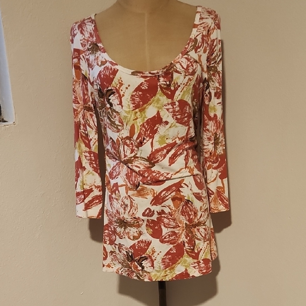 CAbi Red and White Floral Long Sleeve Top